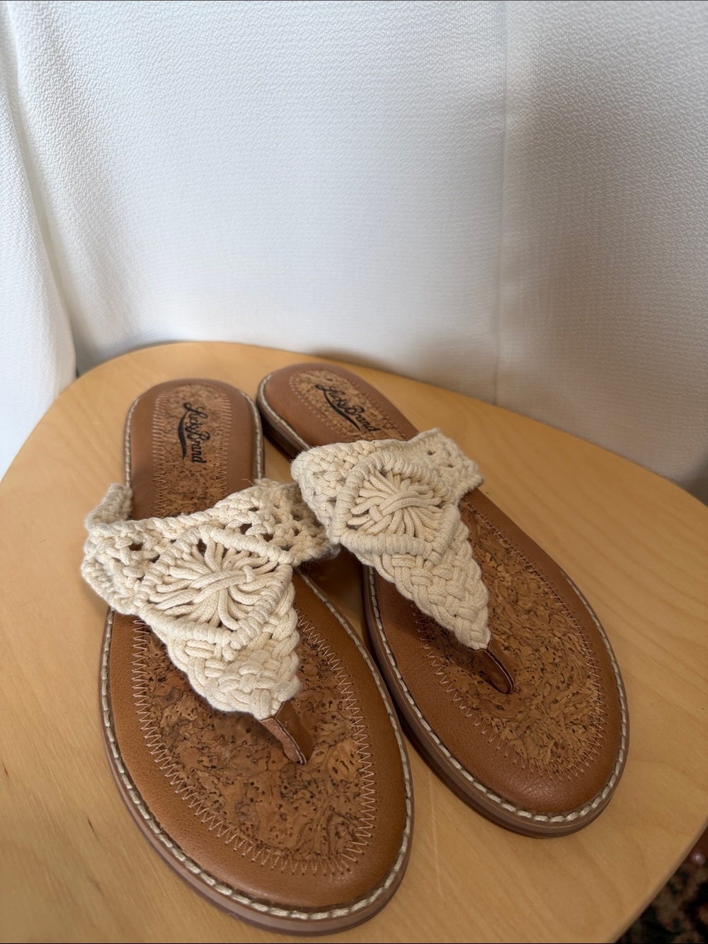 Lucky Brand Cream Crochet Toe-Post Sandals with Brown Footbed